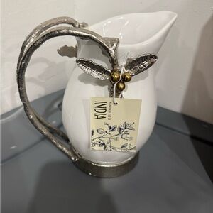 White and Silver Pitcher with Leaf Handle